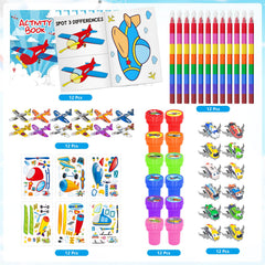 Airplane coloring books and rainbow crayons included