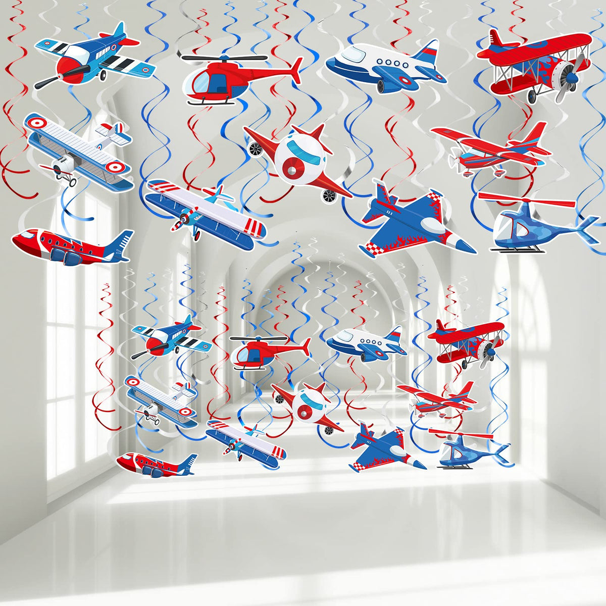 Airplane hanging swirl decoration with long foil spirals