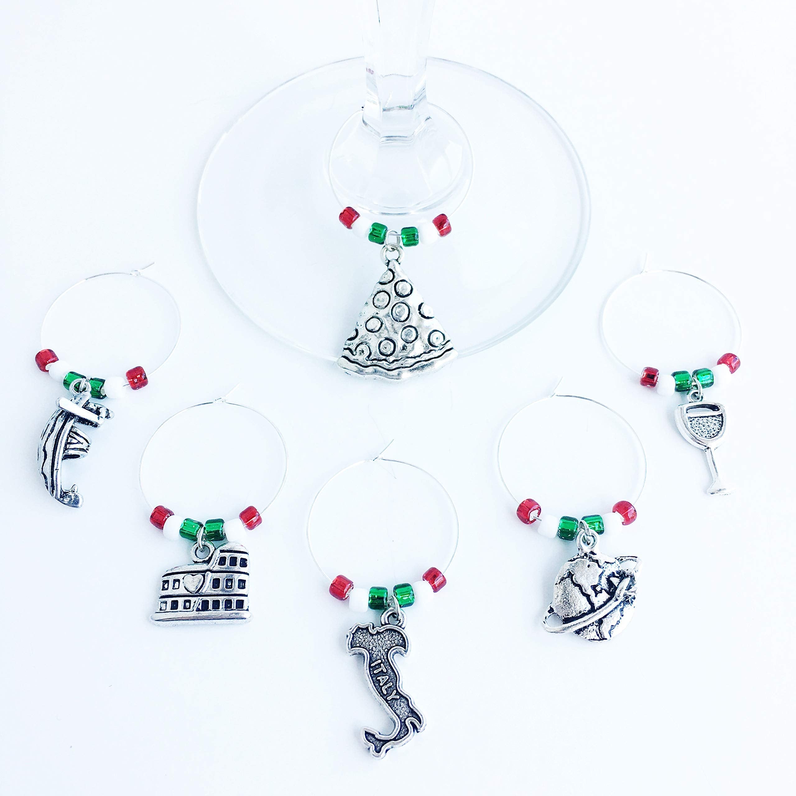 Colosseum and pizza charm on a wine glass marker set