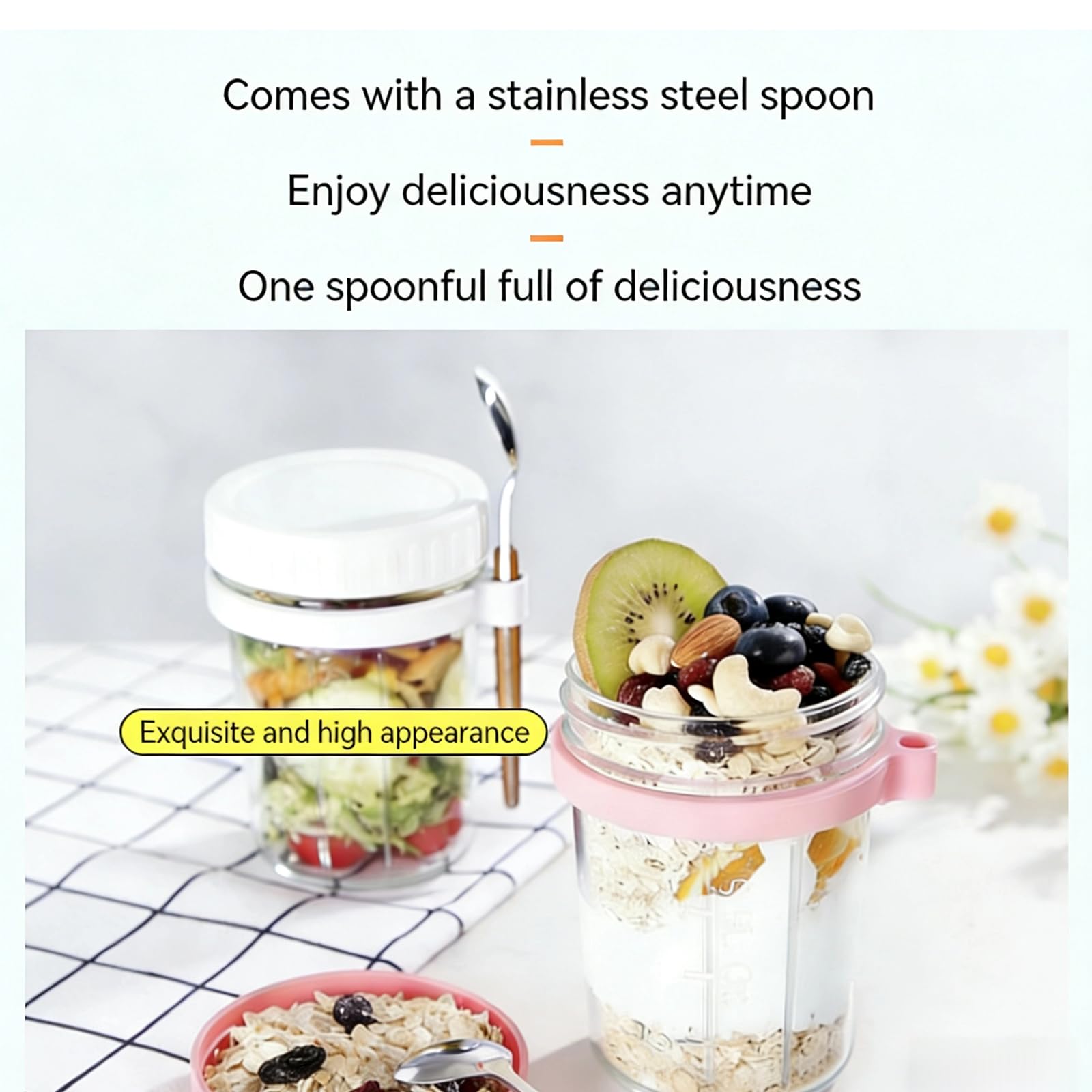 Wide-mouth glass jars with built-in spoon holder