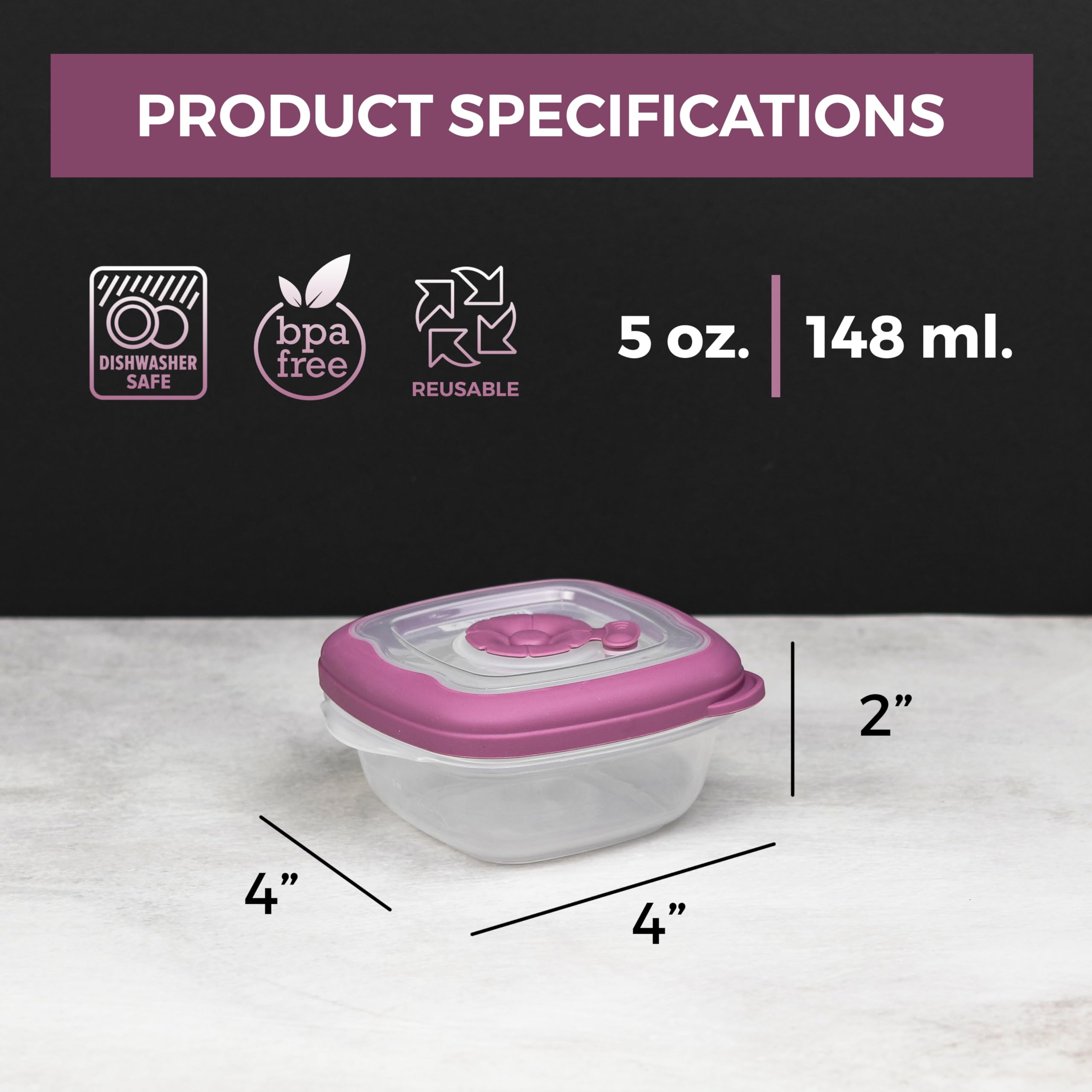 Airtight lids providing leak-proof storage for 5 oz containers