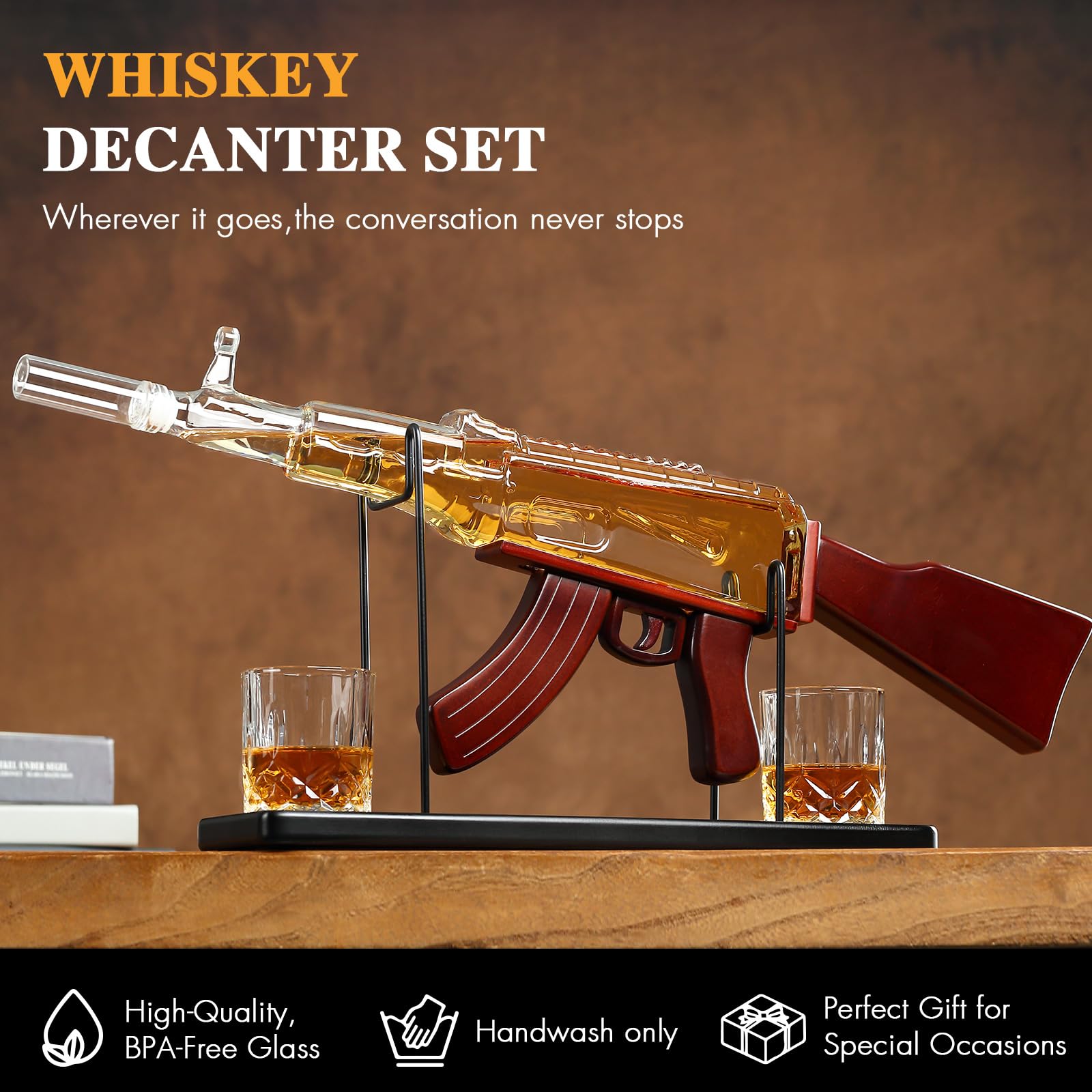 AK Gun whiskey decanter with removable wooden stock