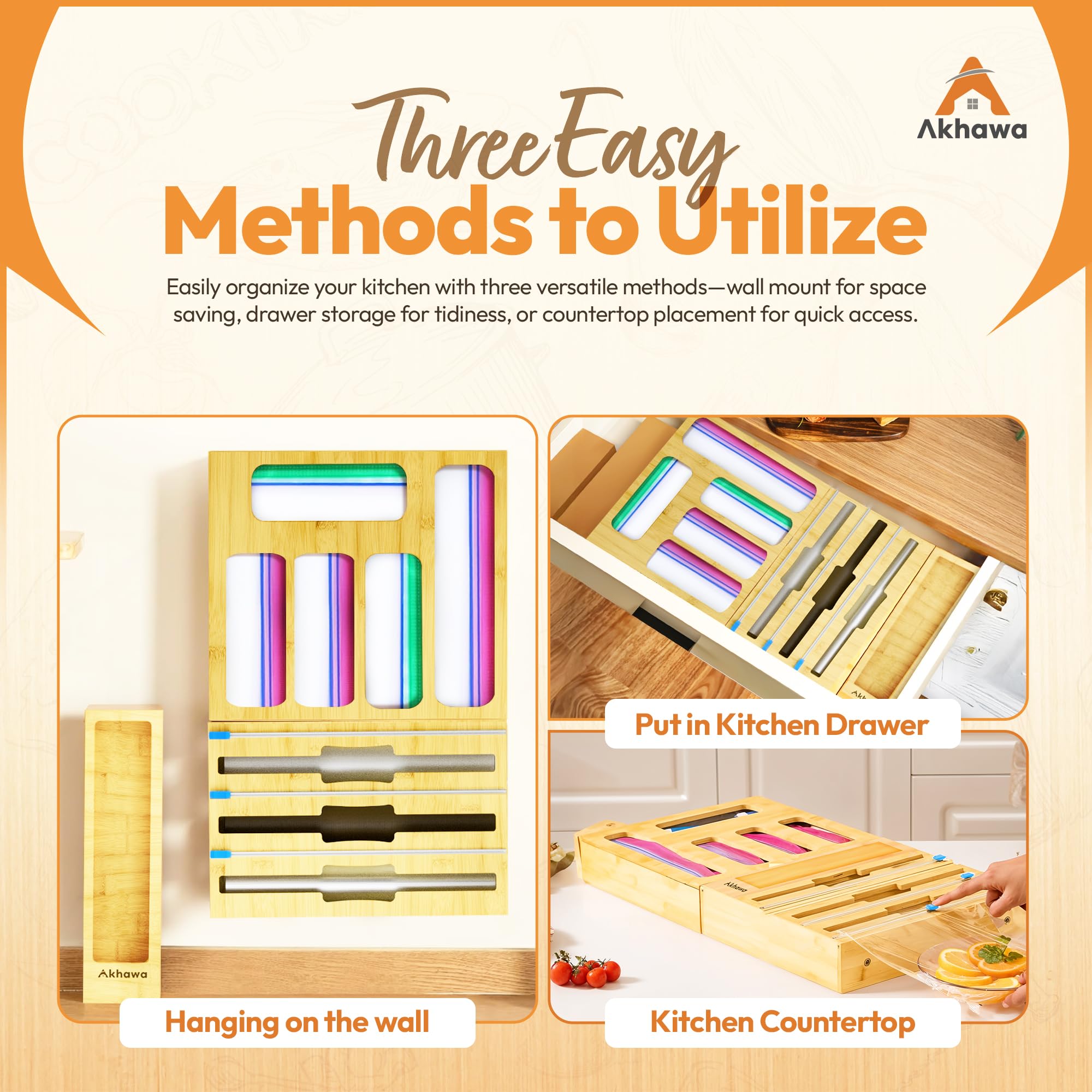 Detachable connectable bamboo organizer for wall mount or drawer use