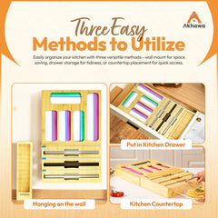 Detachable connectable bamboo organizer for wall mount or drawer use