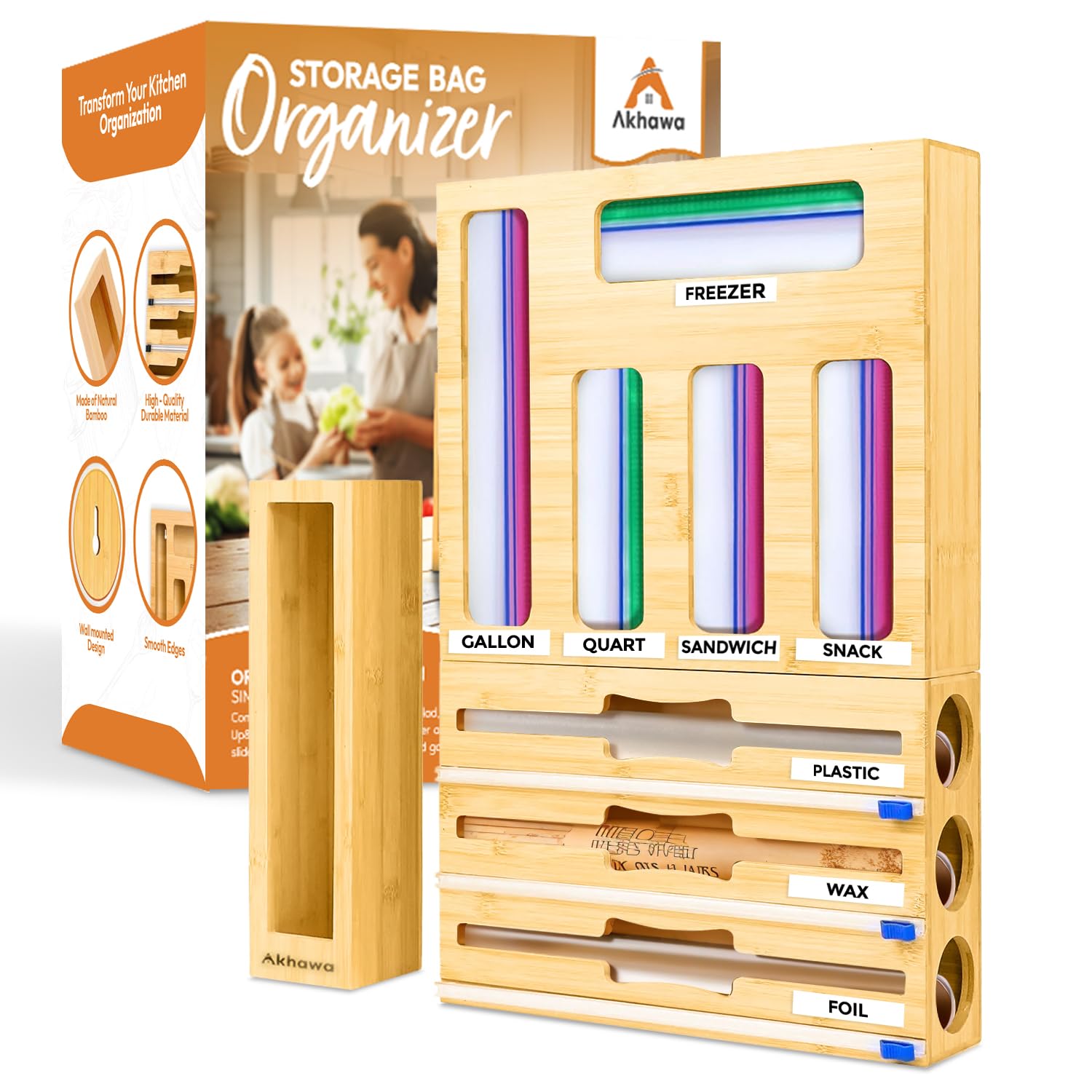Akhawa bamboo storage bag organizer for kitchen drawer and wall
