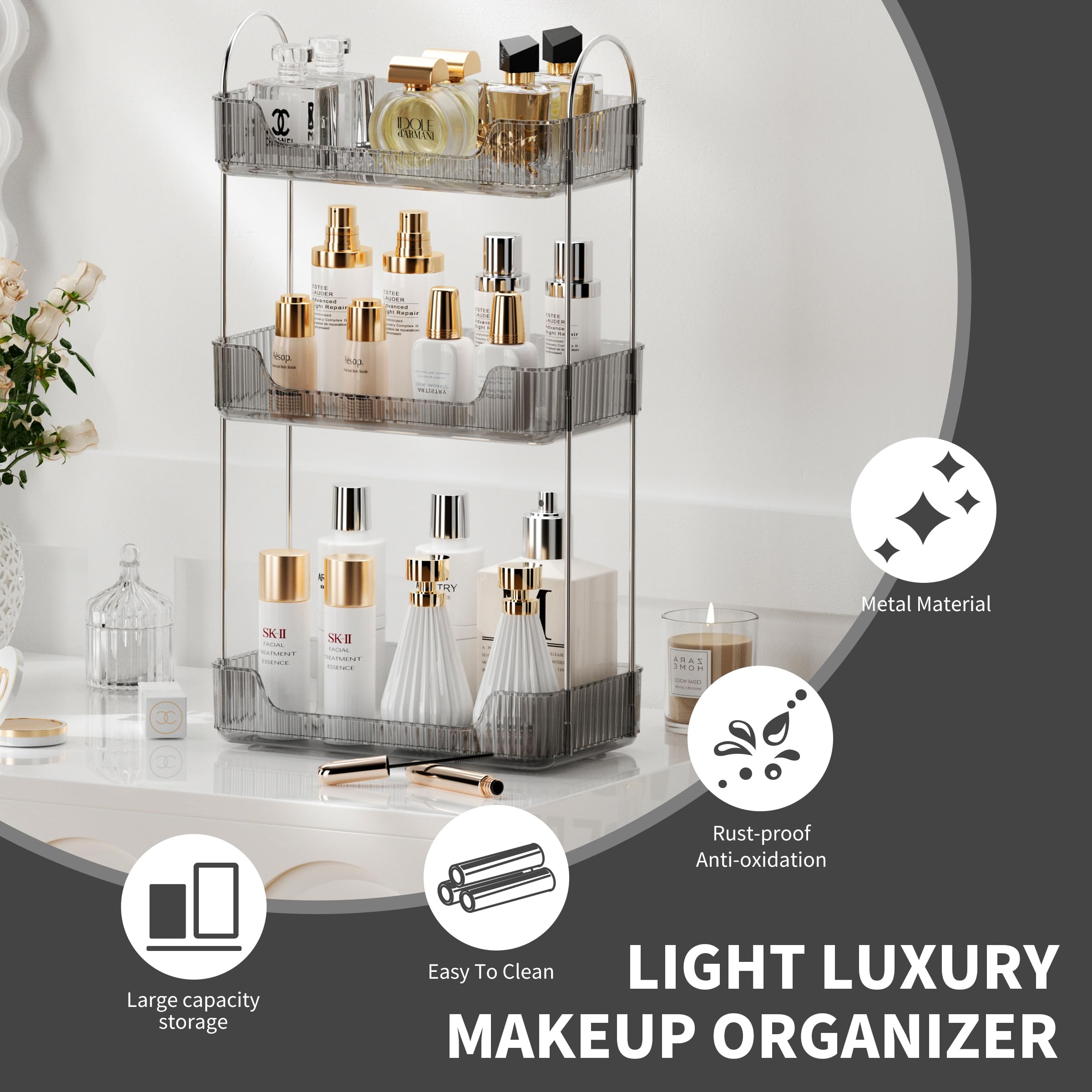 raised edge trays prevent items from falling in the organizer
