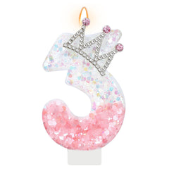 AKURIEEY Princess Crown Number 3 Birthday Candle pink and white cake topper