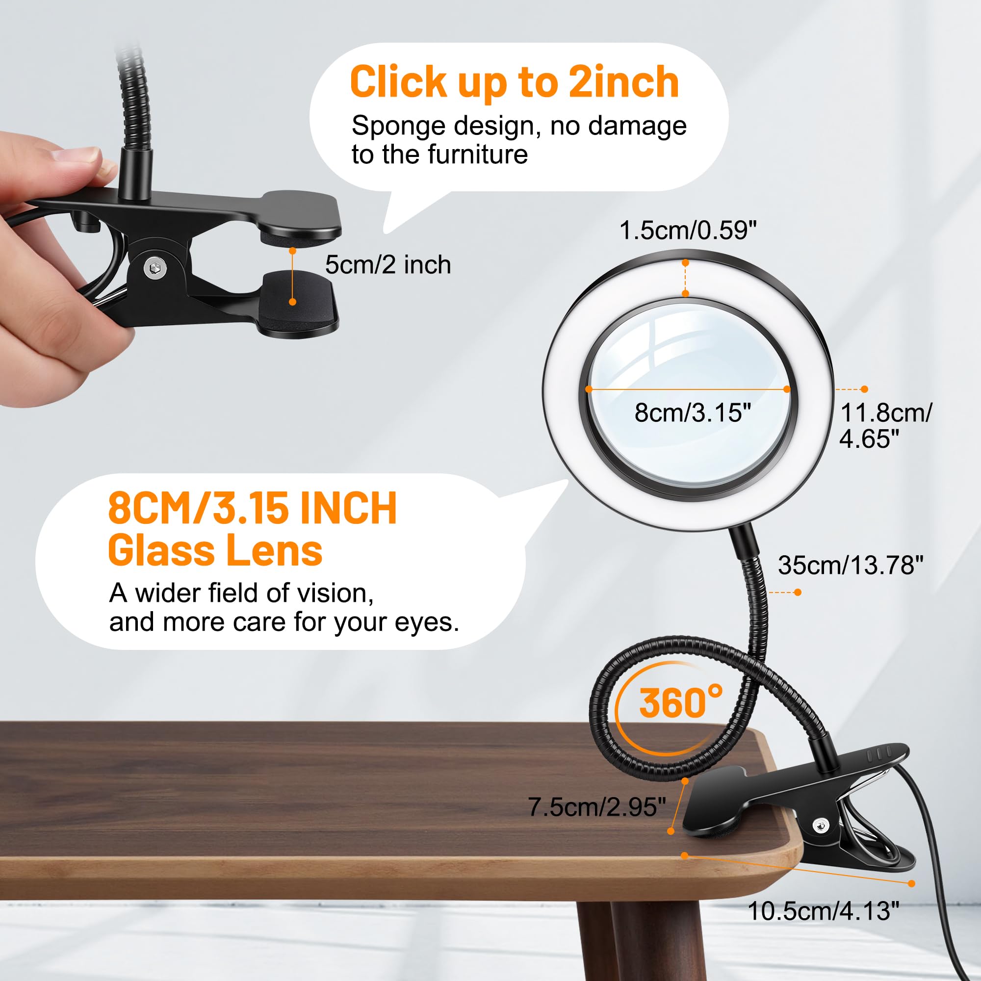 USB powered magnifier light with cord length 1.46 m