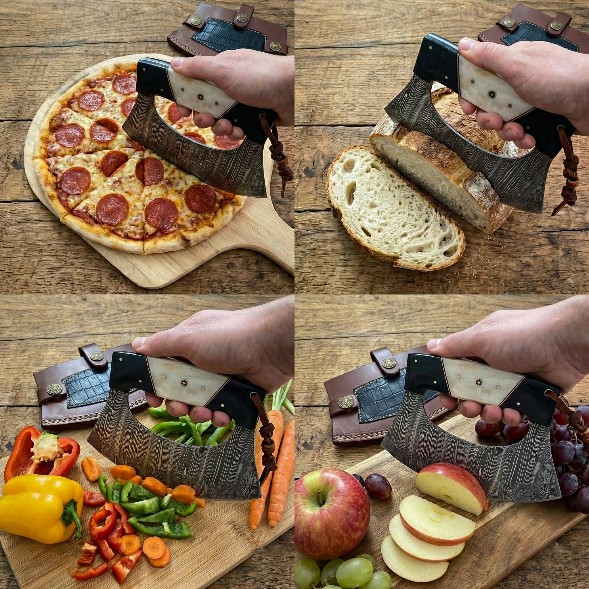 Mosaic pin and leather lanyard on ulu knife handle