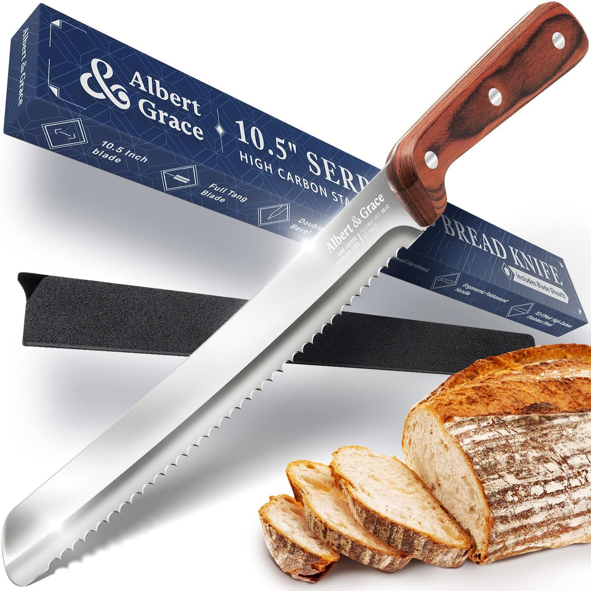 Albert&Grace 10.5-inch serrated bread knife blade close-up