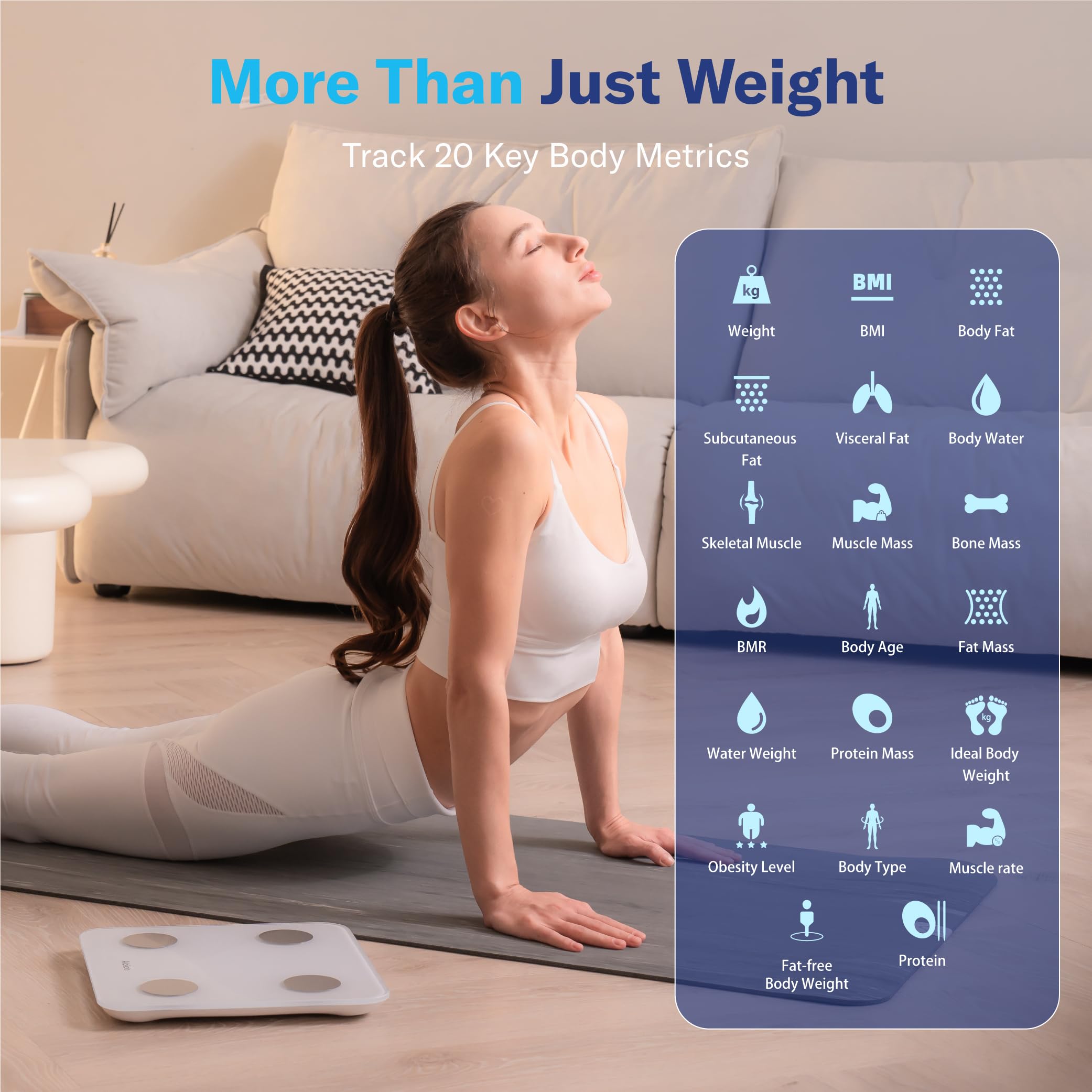 Scale showing BMI body fat and muscle mass metrics