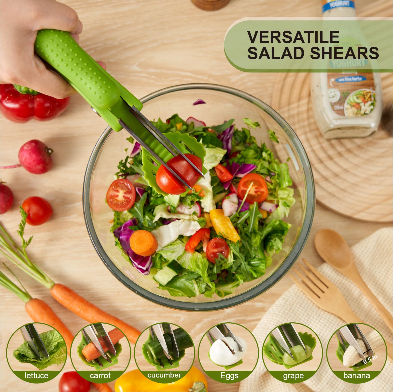 Curved design fits salad bowl for easy chopping