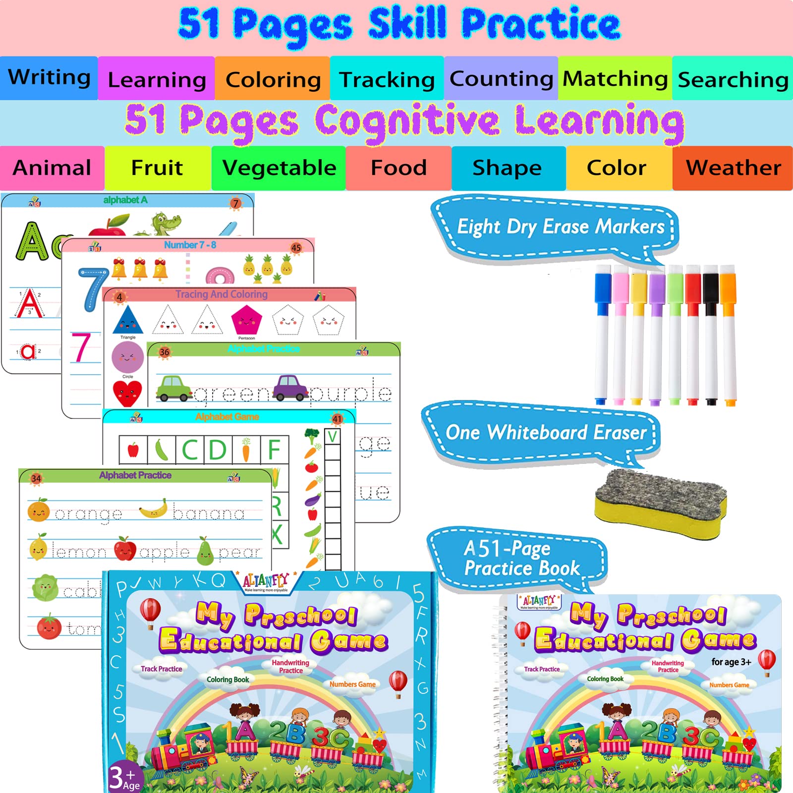 Includes 51 pages 8 markers and 1 eraser in the set