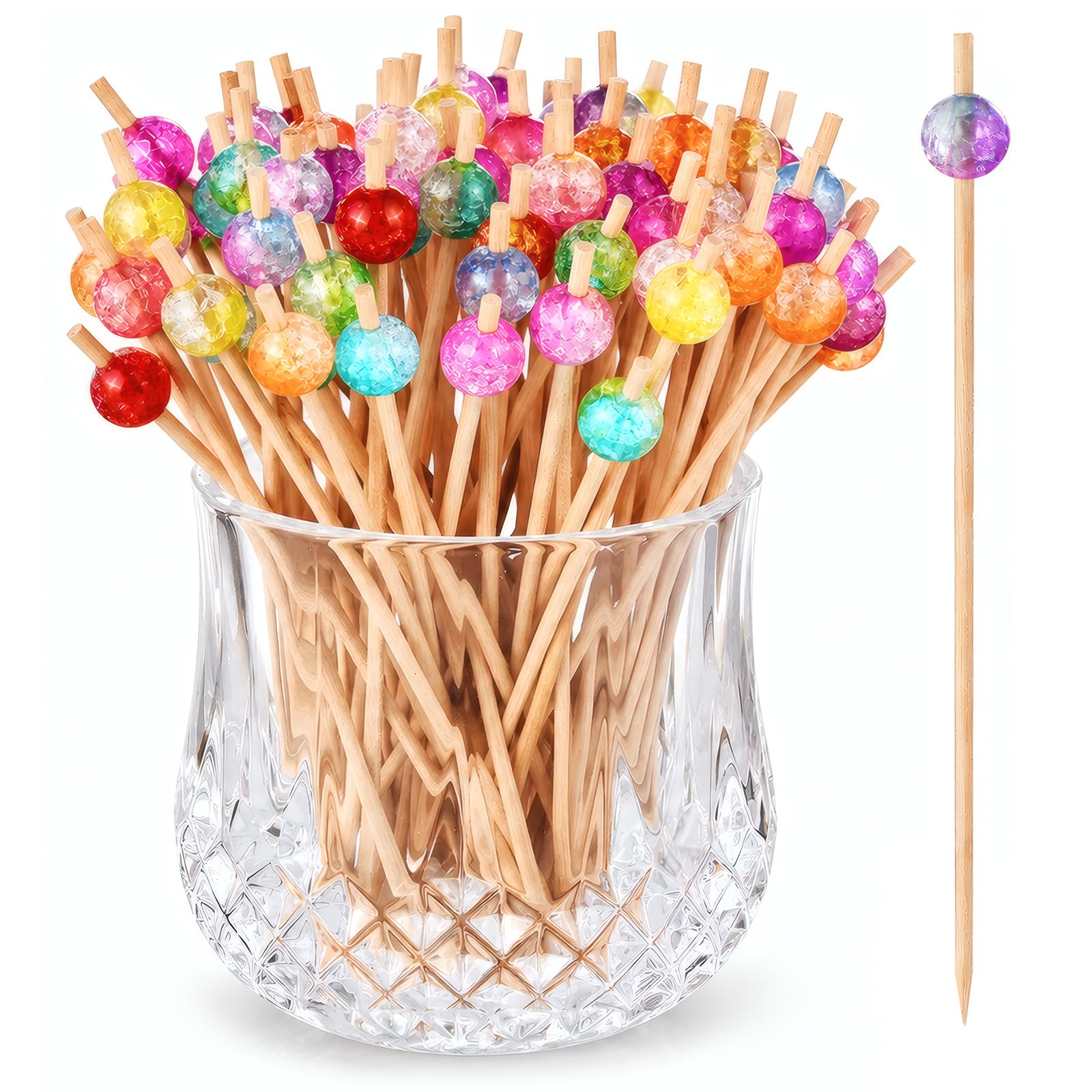 ALINK colorful bead cocktail picks 4.72 inch bamboo with translucent bead toppers