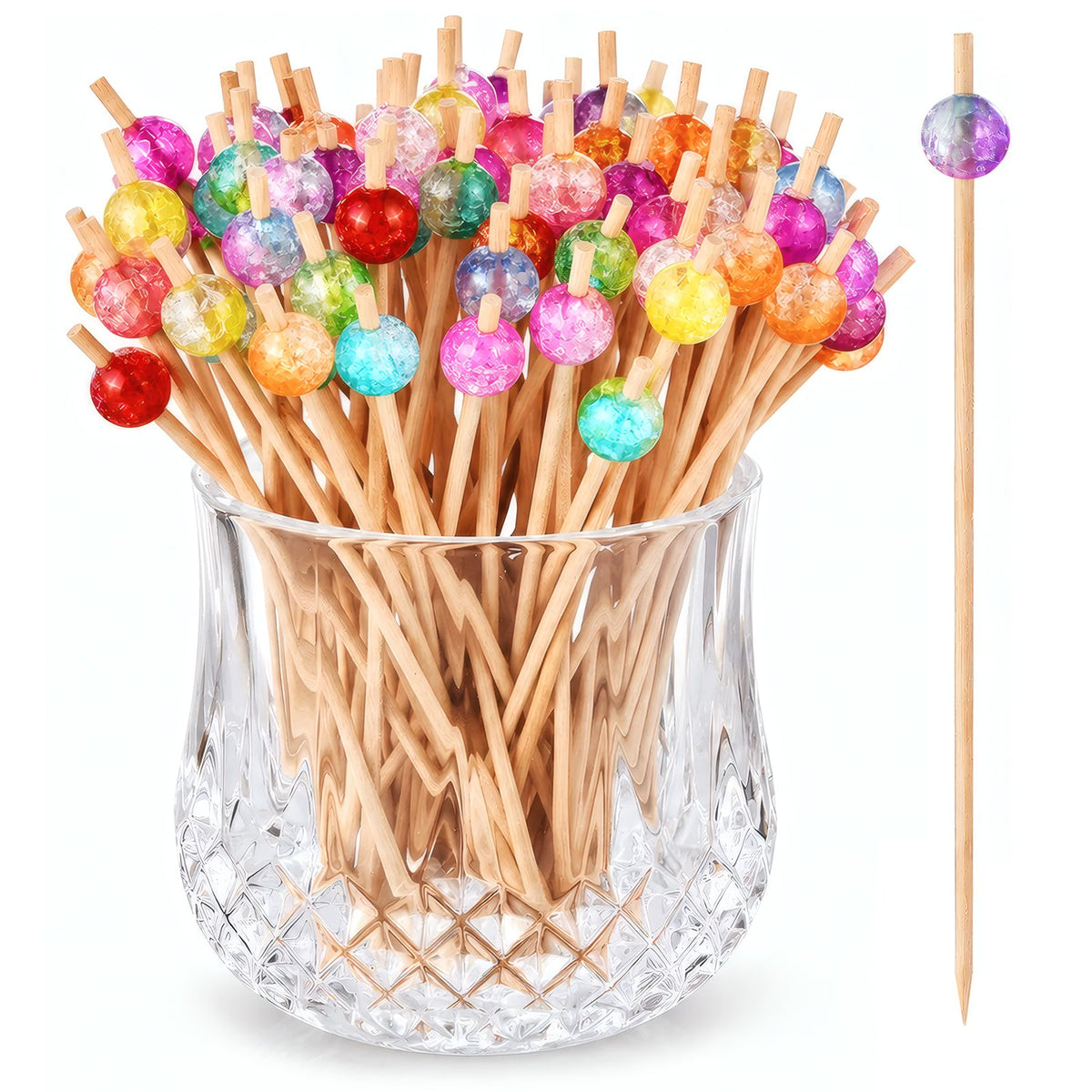 ALINK colorful bead cocktail picks 4.72 inch bamboo with translucent bead toppers