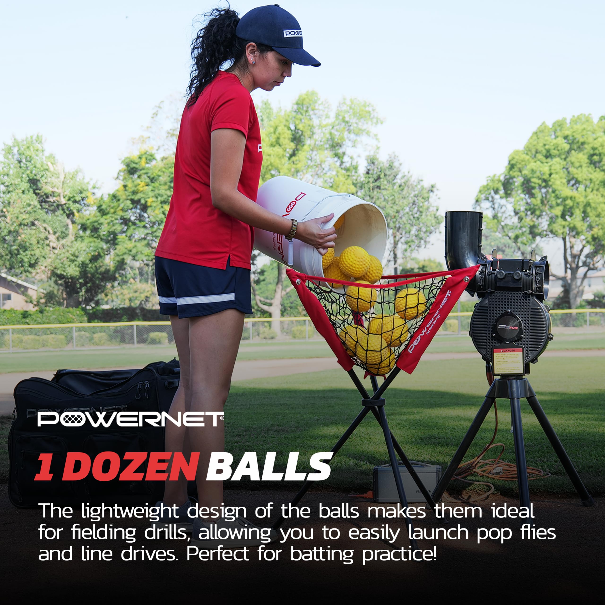 PowerNet Launch F-lite portable pitching machine compatible softballs