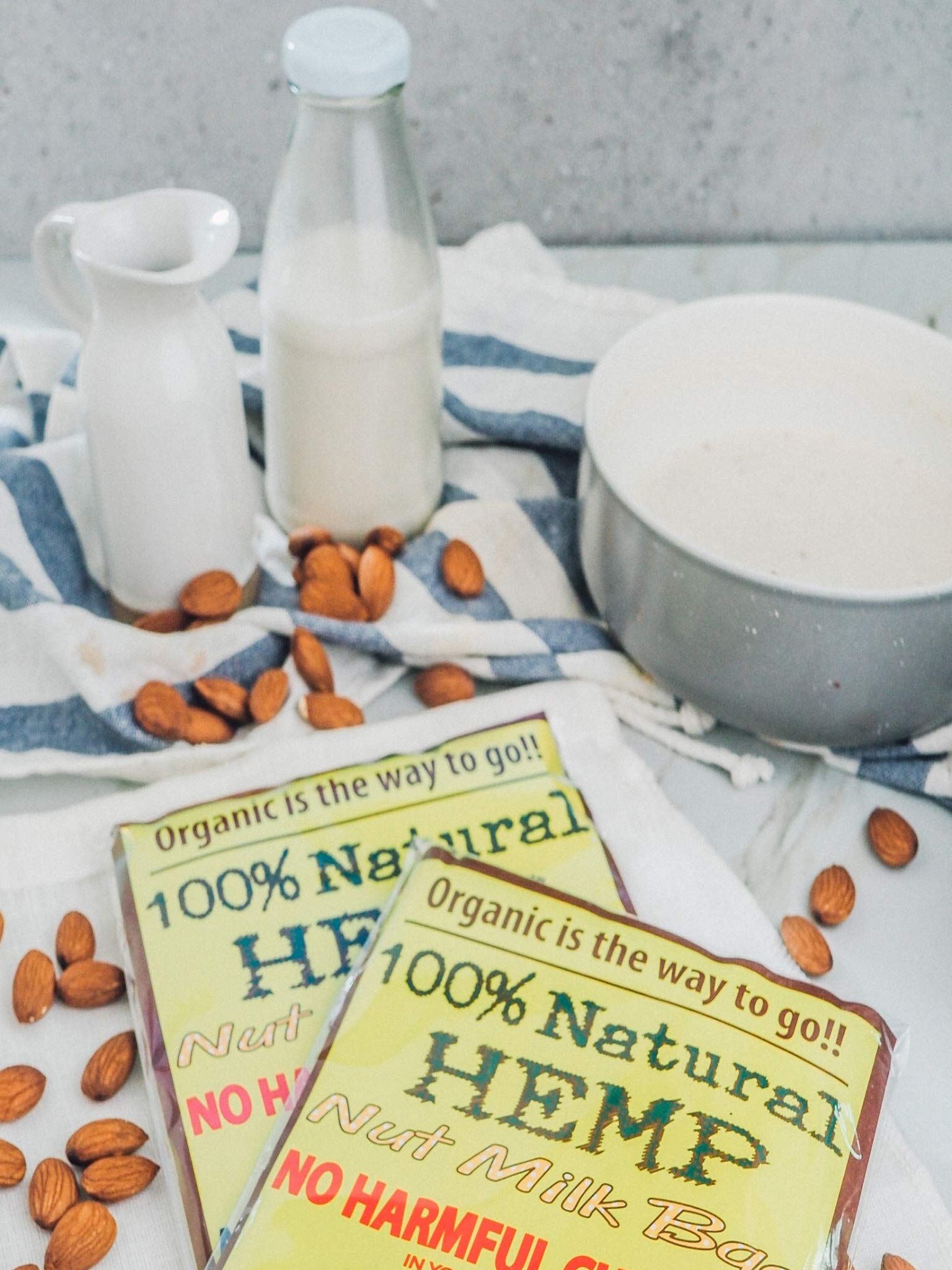 No glue undyed fabric hemp nut milk bag close up