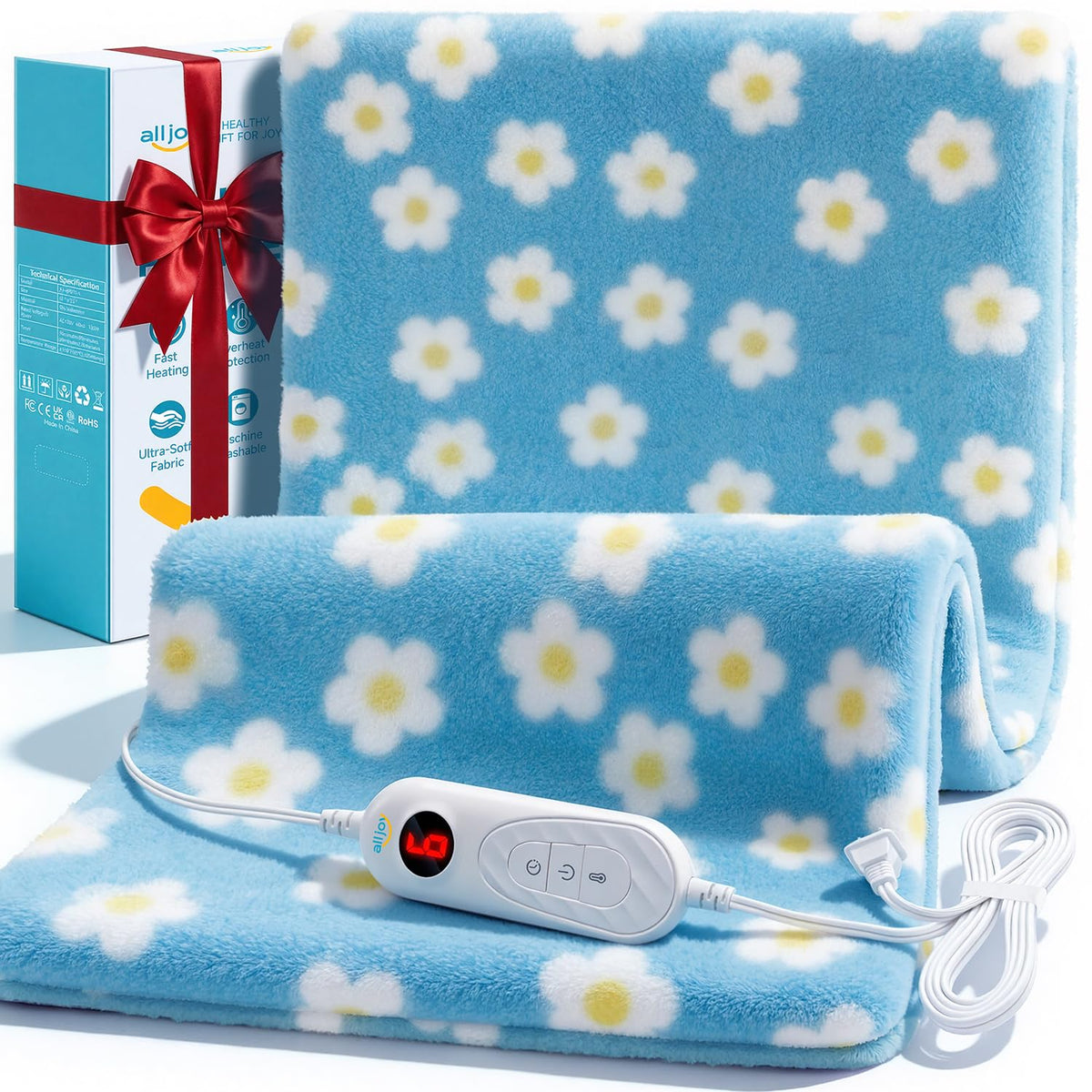 ALLJOY heating pad with blue daisy design for back neck shoulders