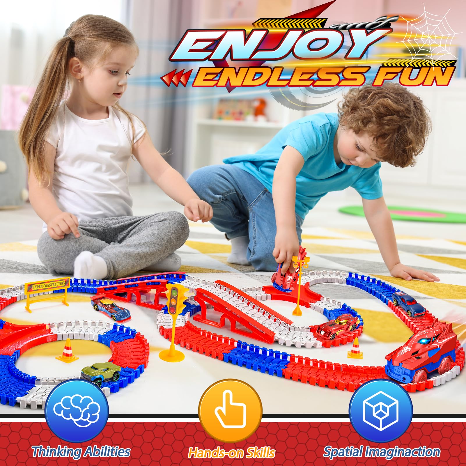 Alloy hero toy cars on spider track set