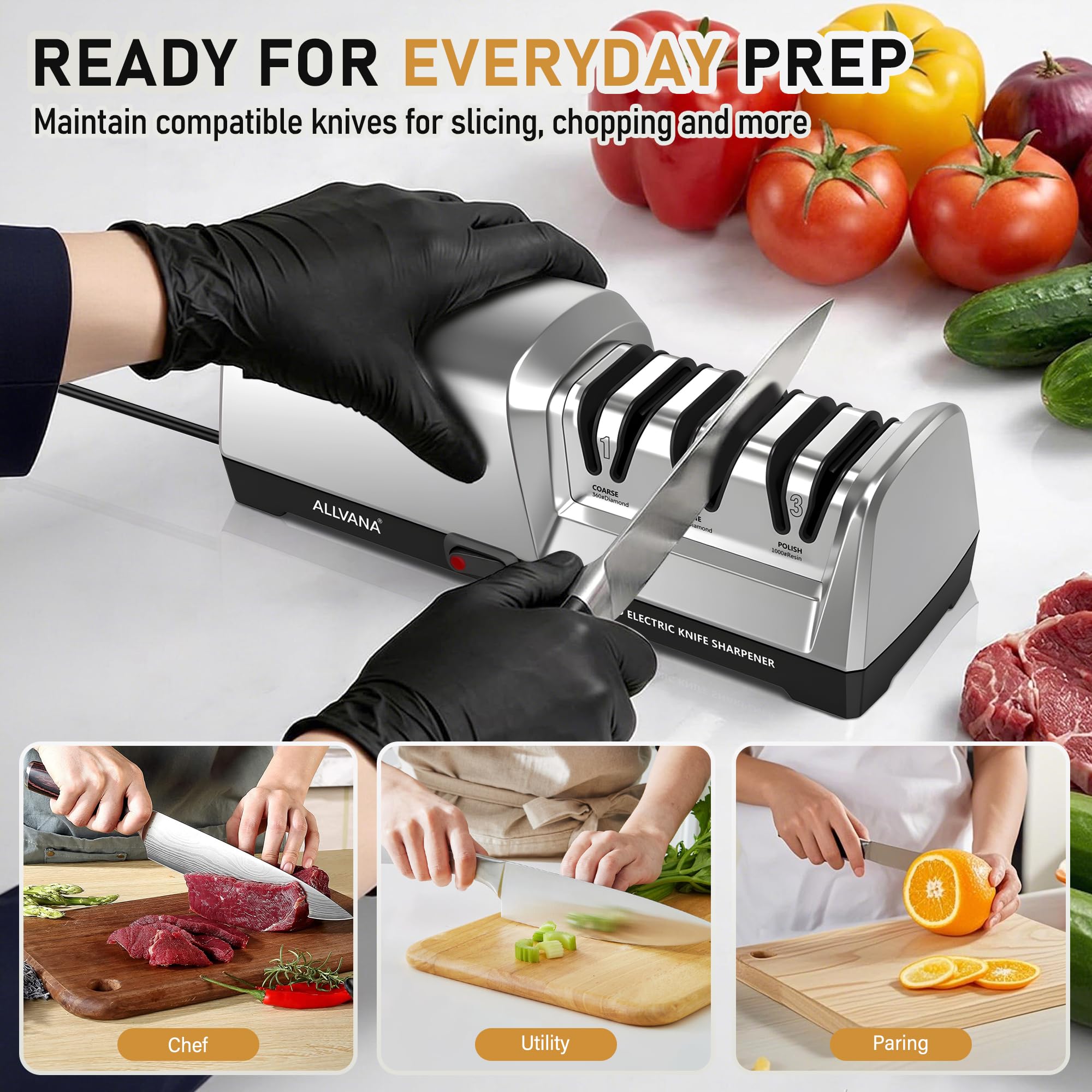ALLVANA Silver-B knife sharpener for kitchen knives on display