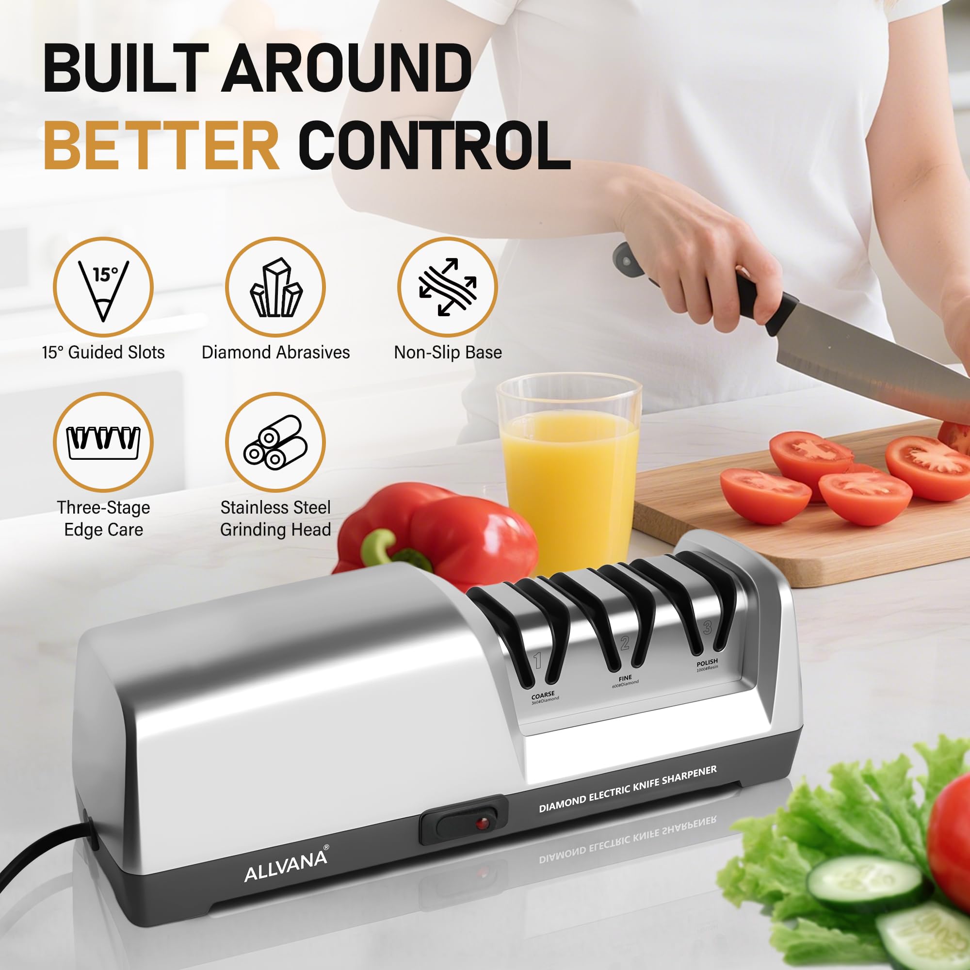 ALLVANA knife sharpener 3-stage Silver-B designed for kitchen knives