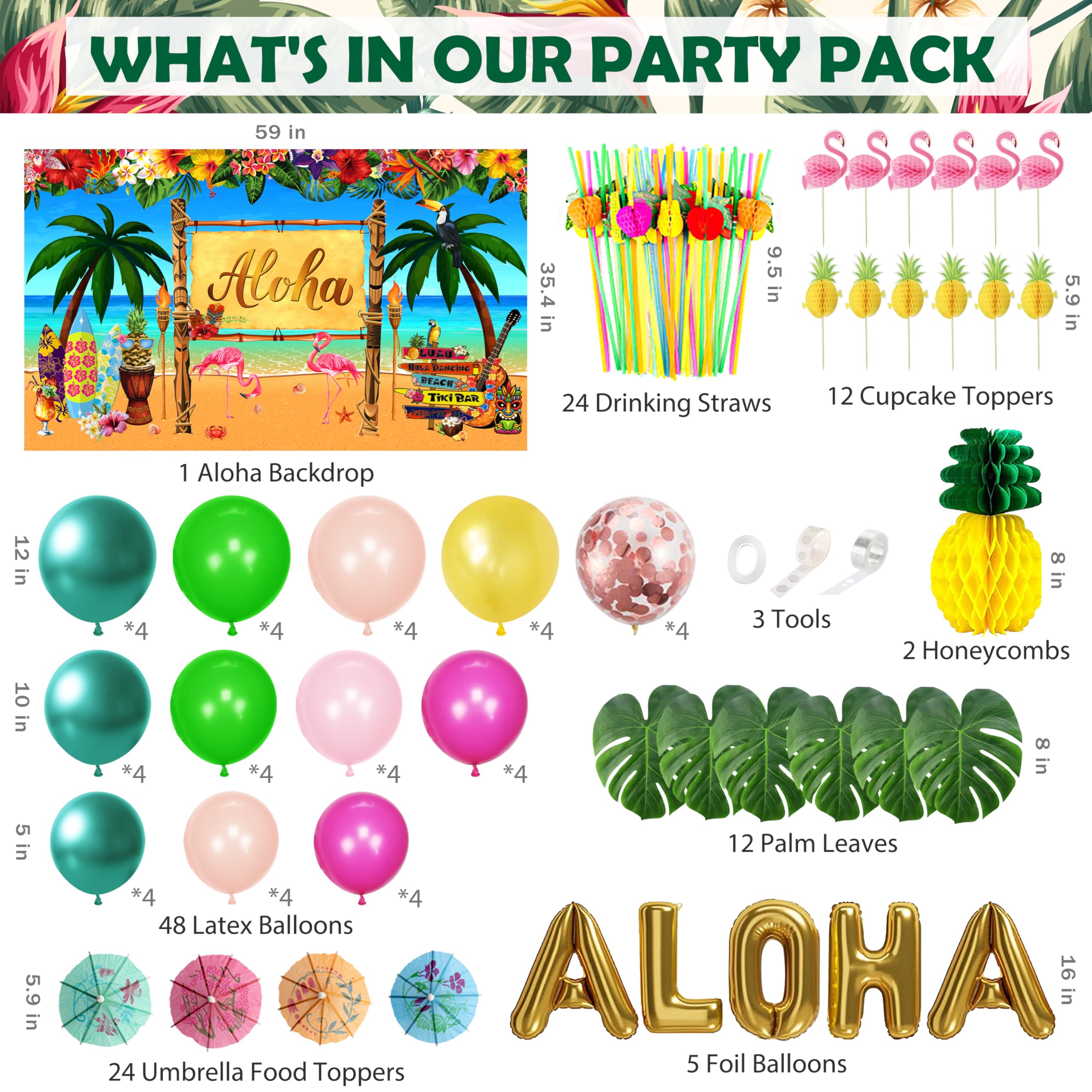 ALOHA backdrop among tropical decor for luau party