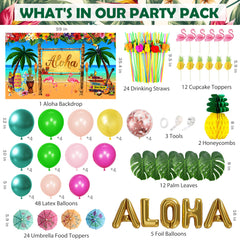 ALOHA backdrop among tropical decor for luau party