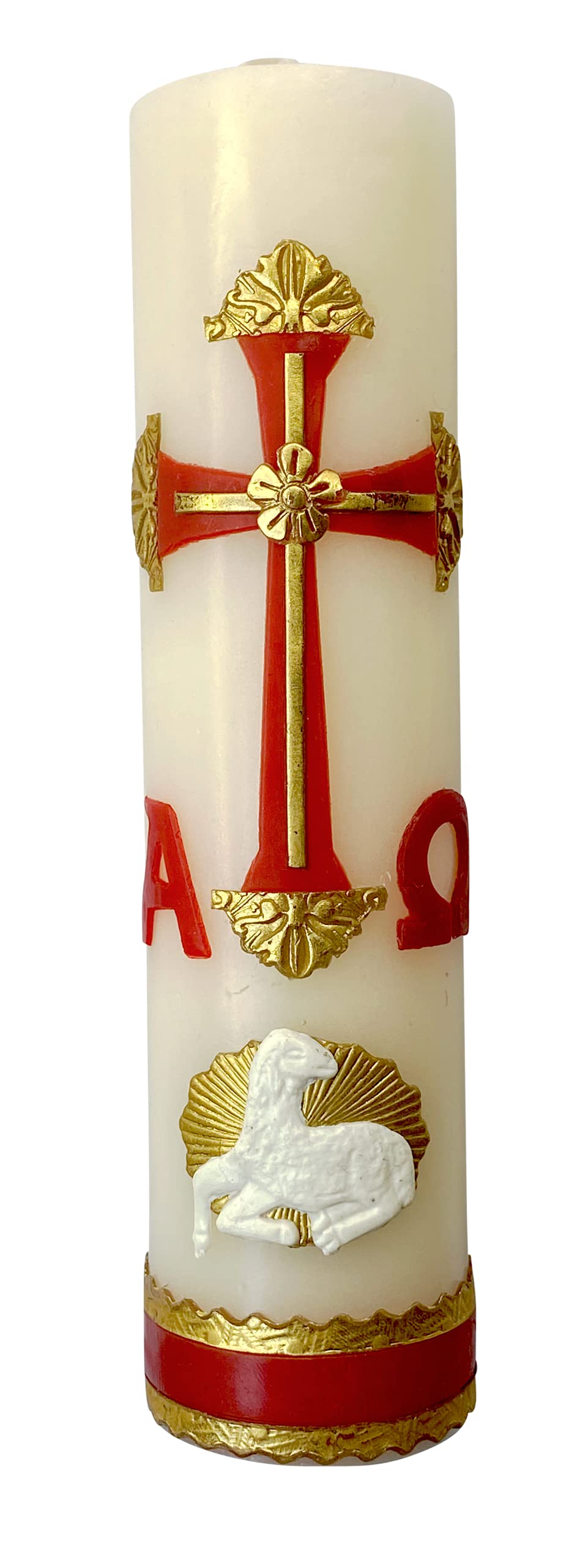 Alpha Omega Candle baptism red candle with Paschal design