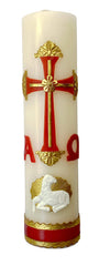 Alpha Omega Candle baptism red candle with Paschal design
