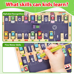 Alphabet learning toy with 26 car-shaped blocks and parking spaces