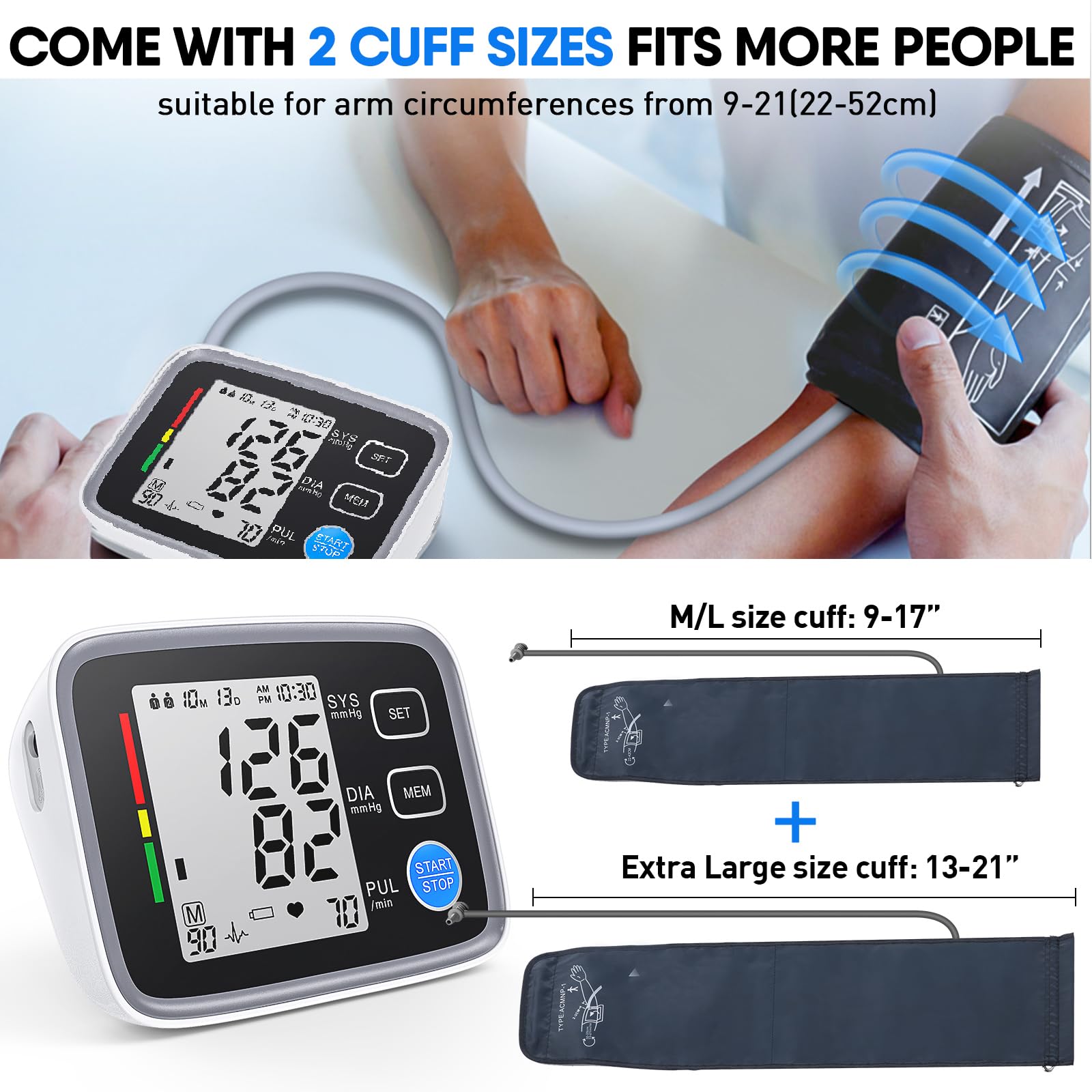 Blood pressure monitor with two cuffs included for home use