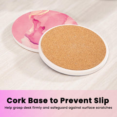 Two pink coaster patterns shown with cork backing and holder