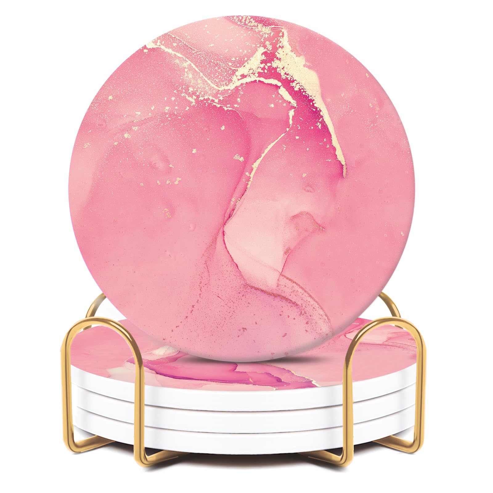 ALSNWNZ pink coasters set of 4 with gold holder on cork backing