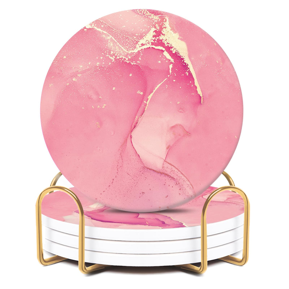 ALSNWNZ pink coasters set of 4 with gold holder on cork backing