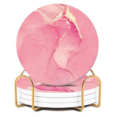 ALSNWNZ pink coasters set of 4 with gold holder on cork backing
