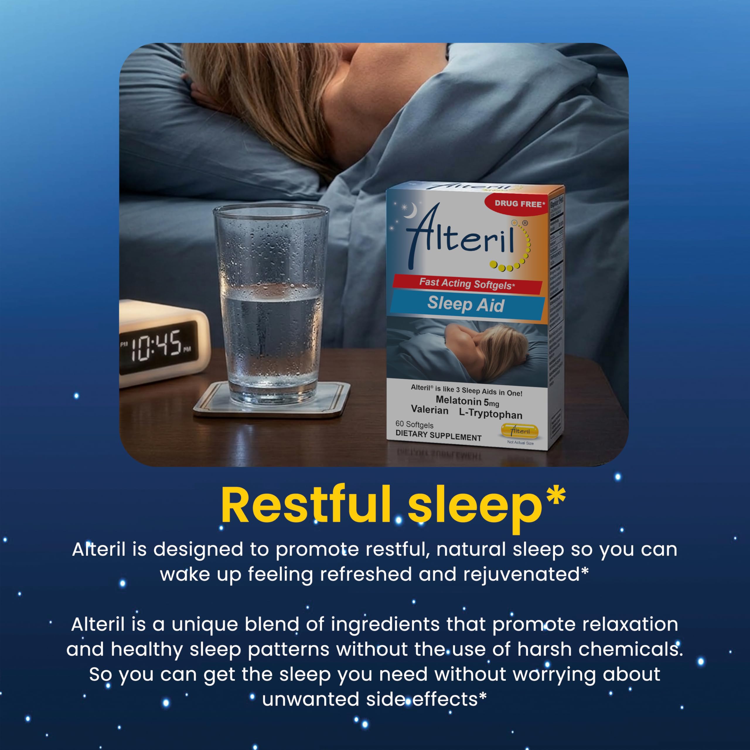 Alteril 60ct sleep aid packaging with accessories
