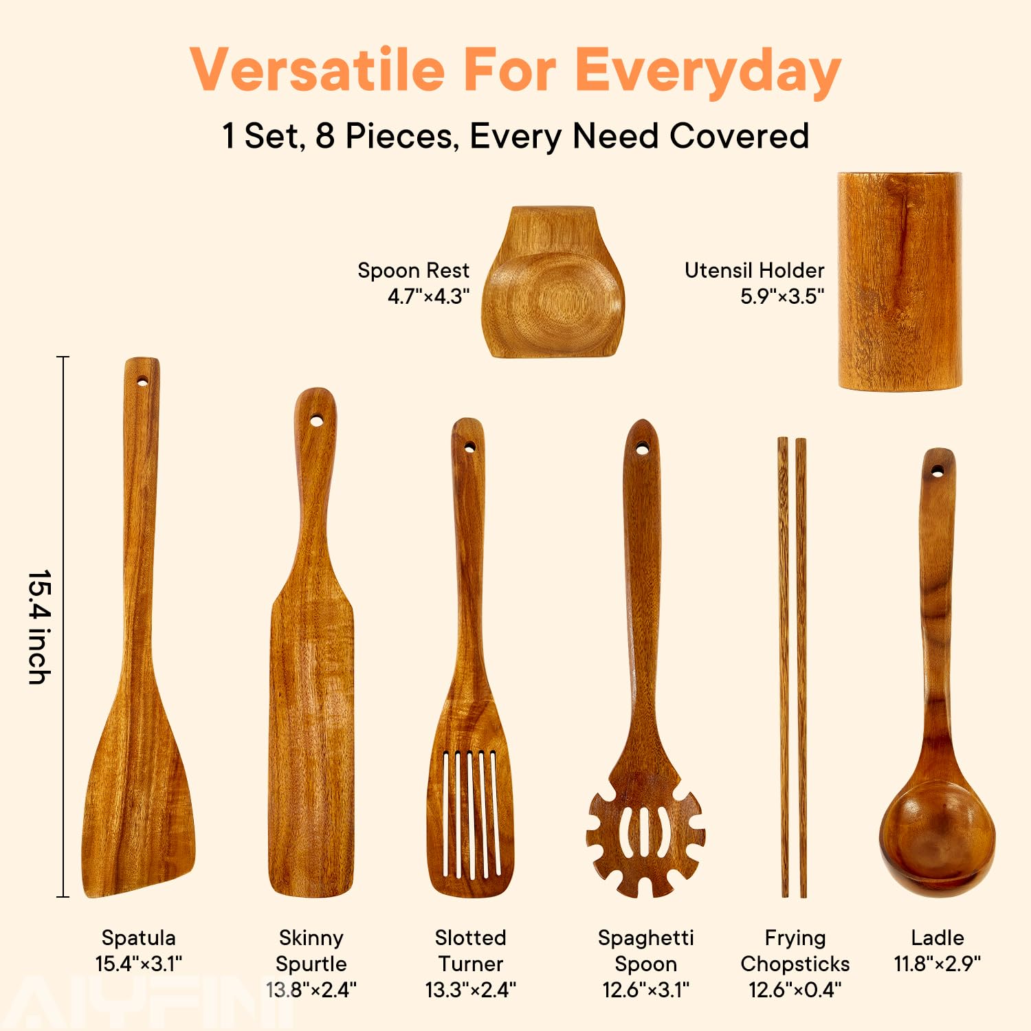 alyfini acacia wood utensils long handle 15-4inch