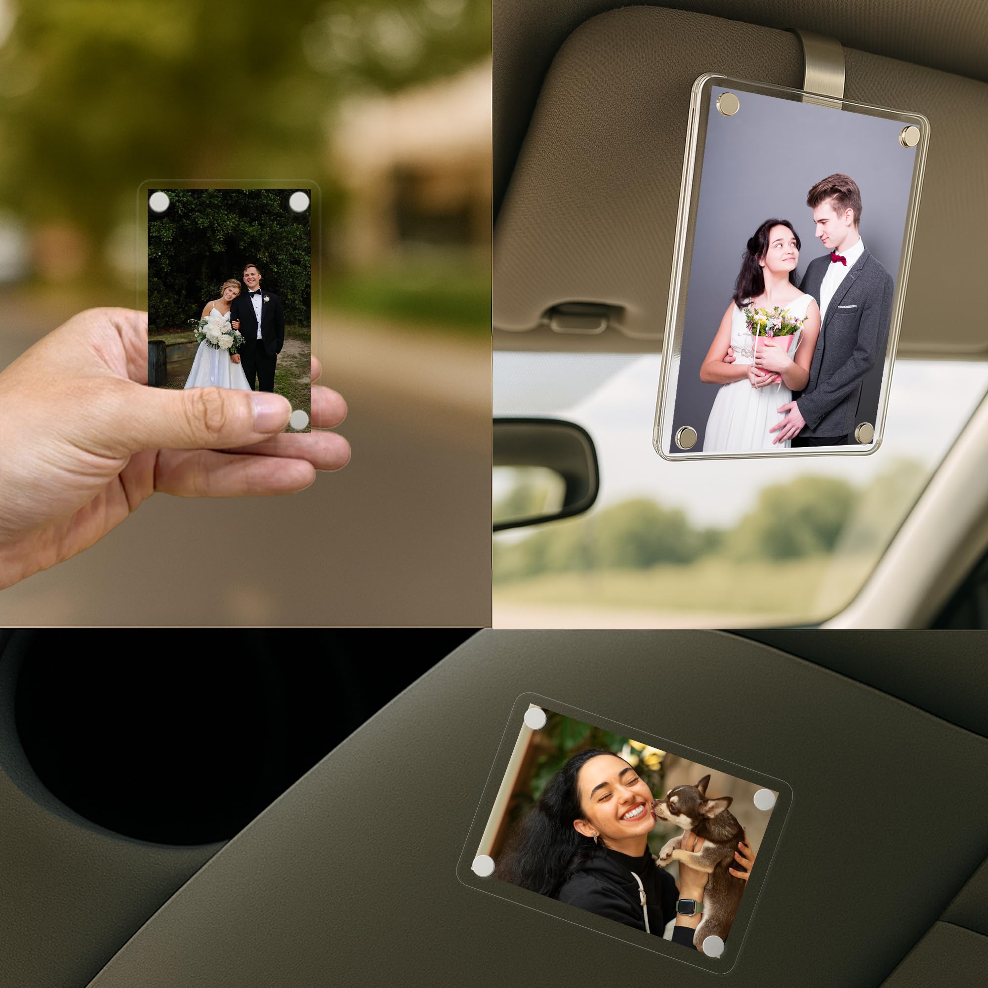 Clear acrylic car photo holder on vehicle sun visor