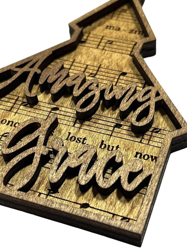 Front view of Amazing Grace Church Hymns Christmas Tree Ornaments two-tone wood