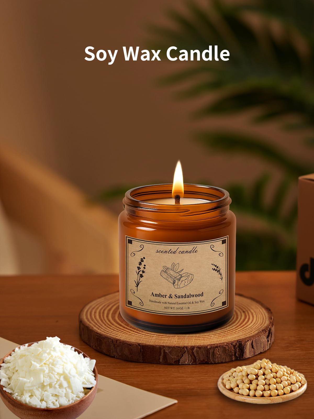 Large 16oz soy candle in amber jar gift-ready
