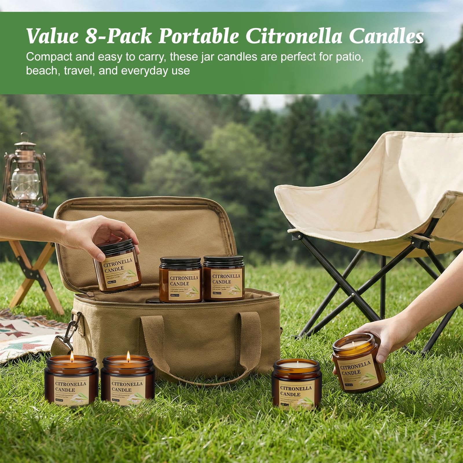 Compact lightweight citronella outdoor candle with lid