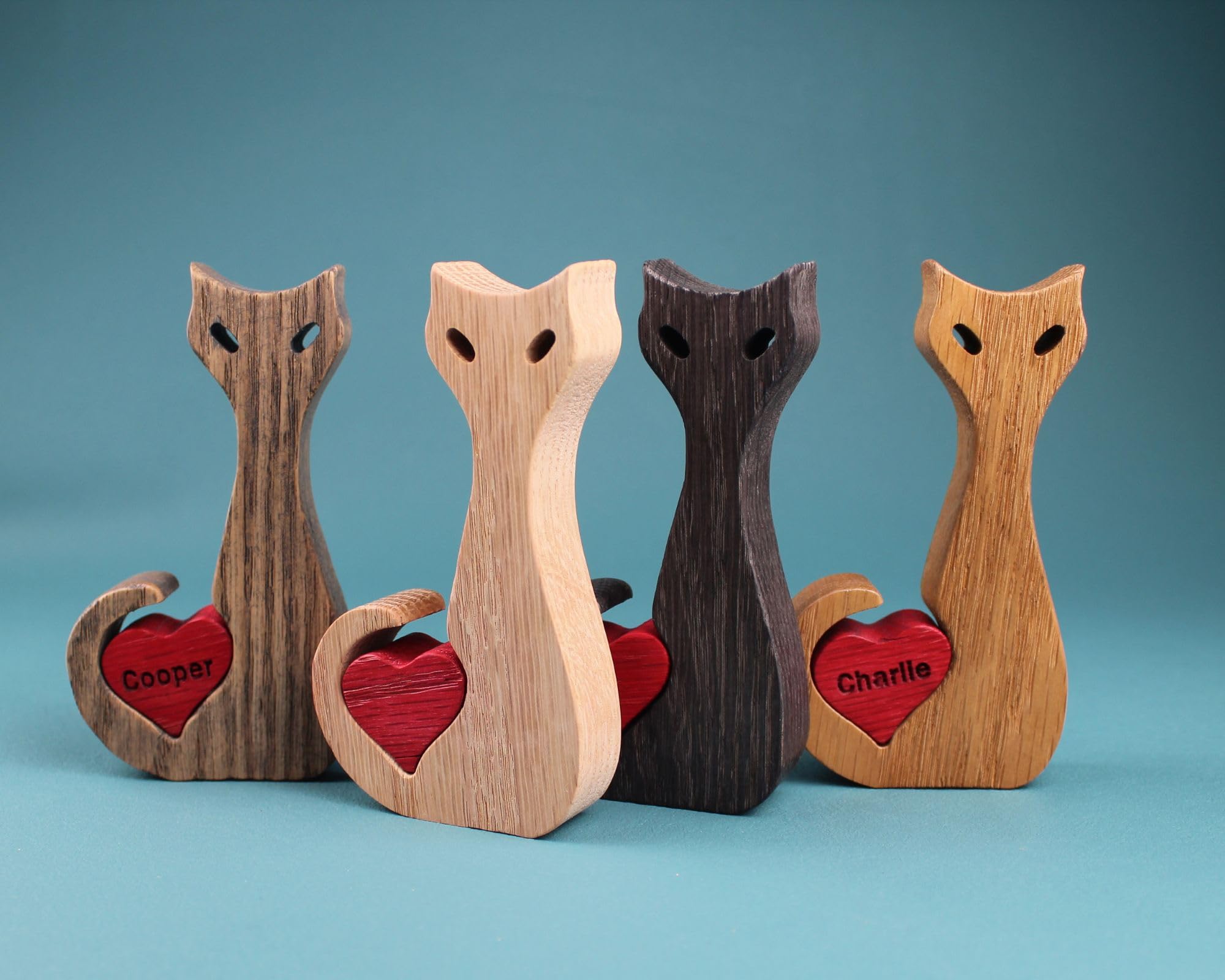 Amber color wooden cat statue with heart engraving option