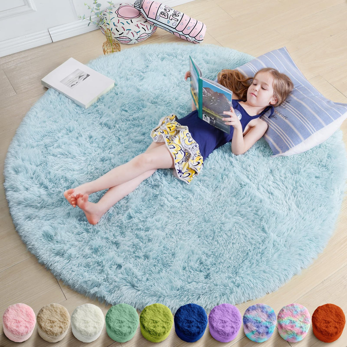 Amdrebio light blue shag round area rug 4ft suitable for baby and kids rooms