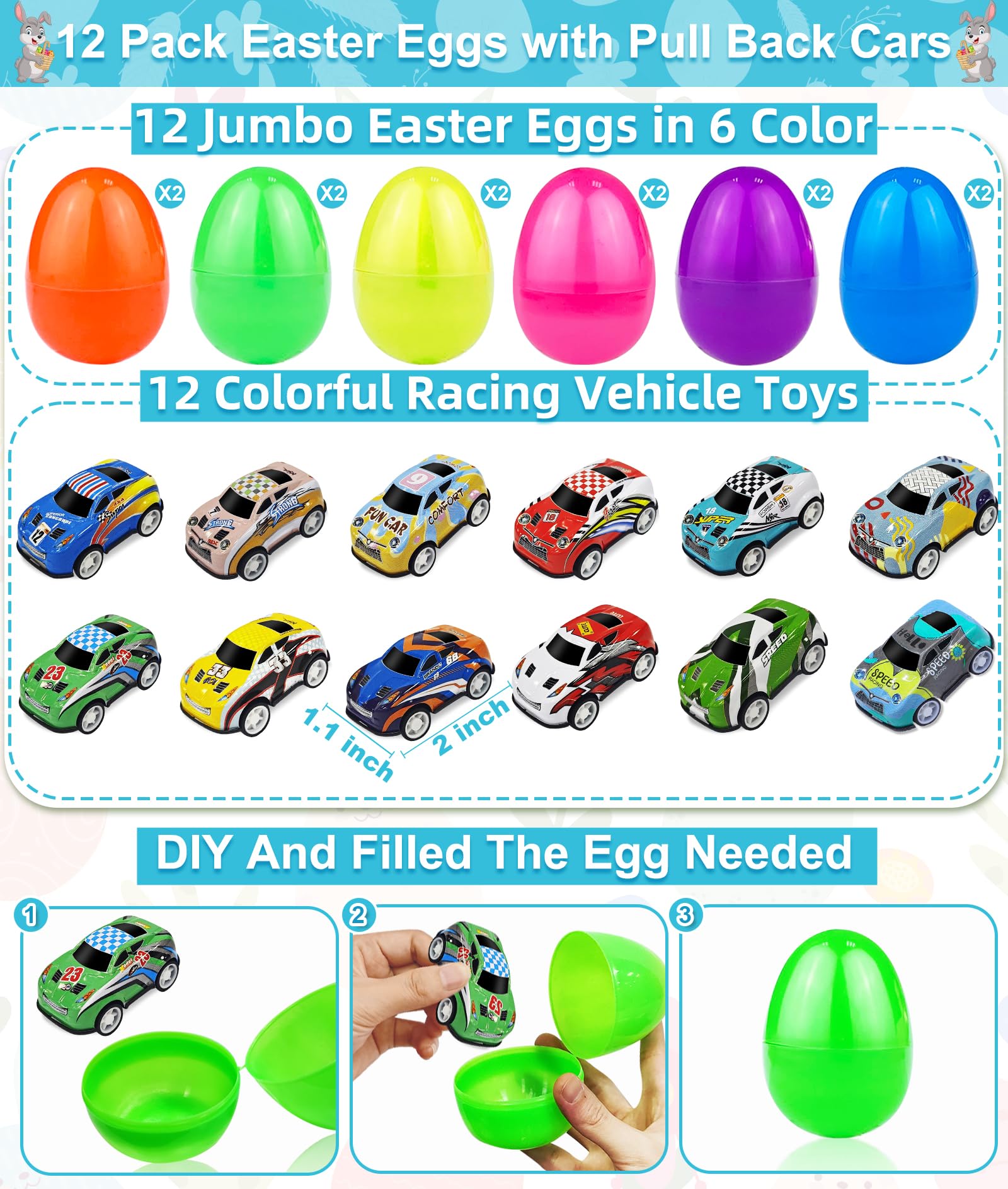 Pull back cars displayed inside Easter eggs in AMENON set