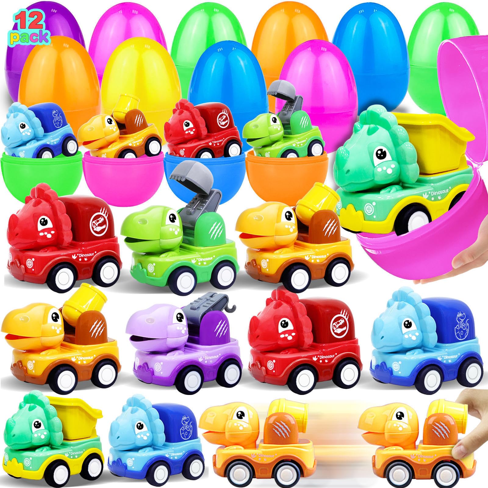 AMENON 12 pack jumbo Easter eggs with dinosaur pull back cars