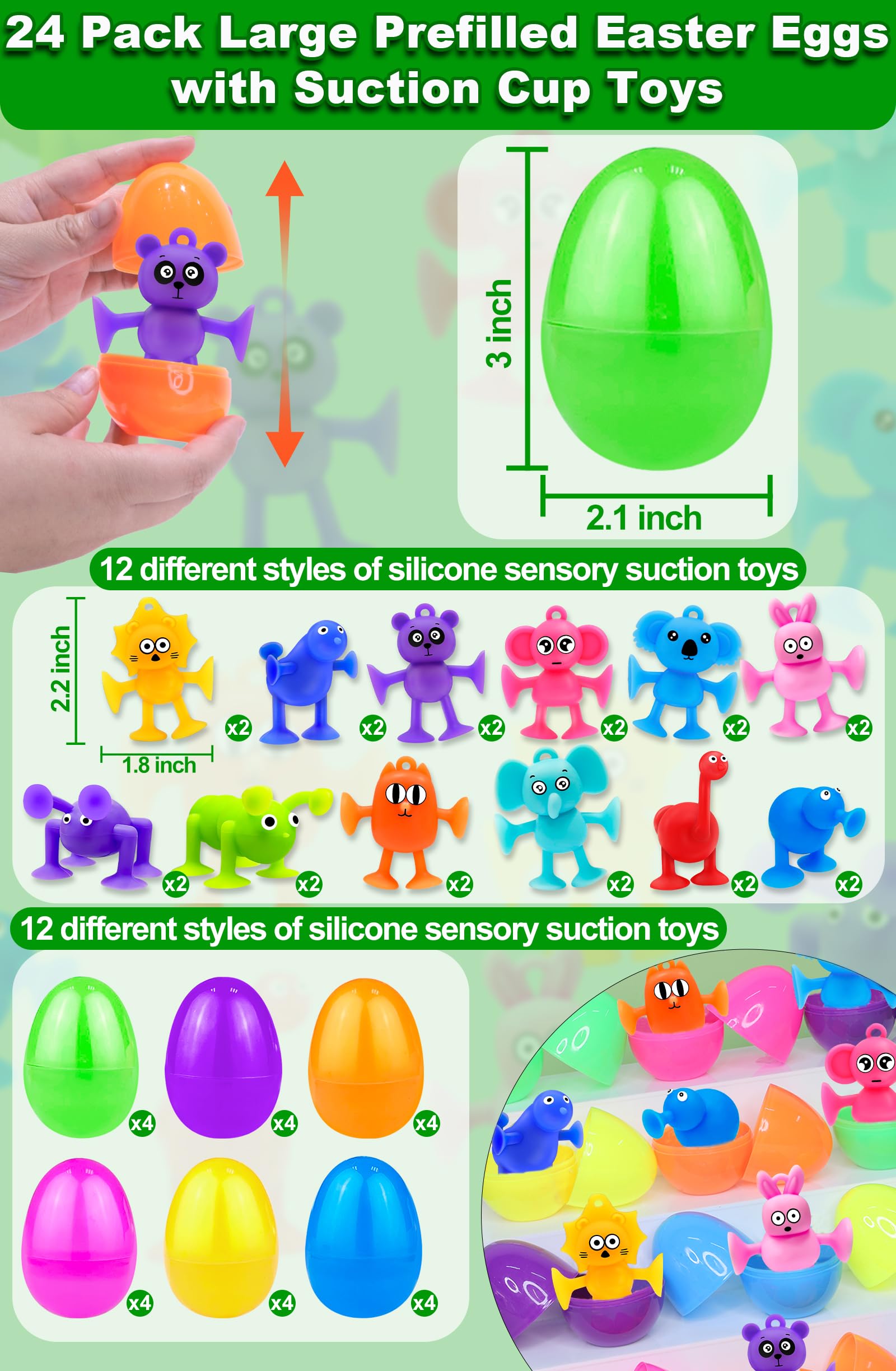 Colorful Easter eggs each containing a suction cup animal toy