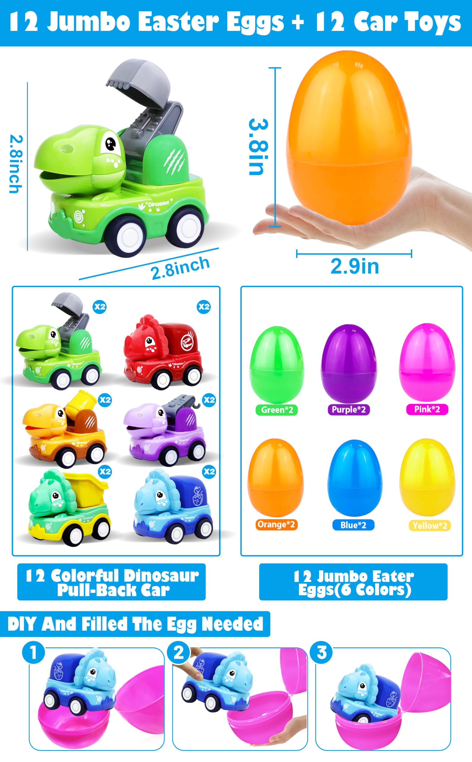 Two dinosaur styles and six pull back cars included with AMENON eggs
