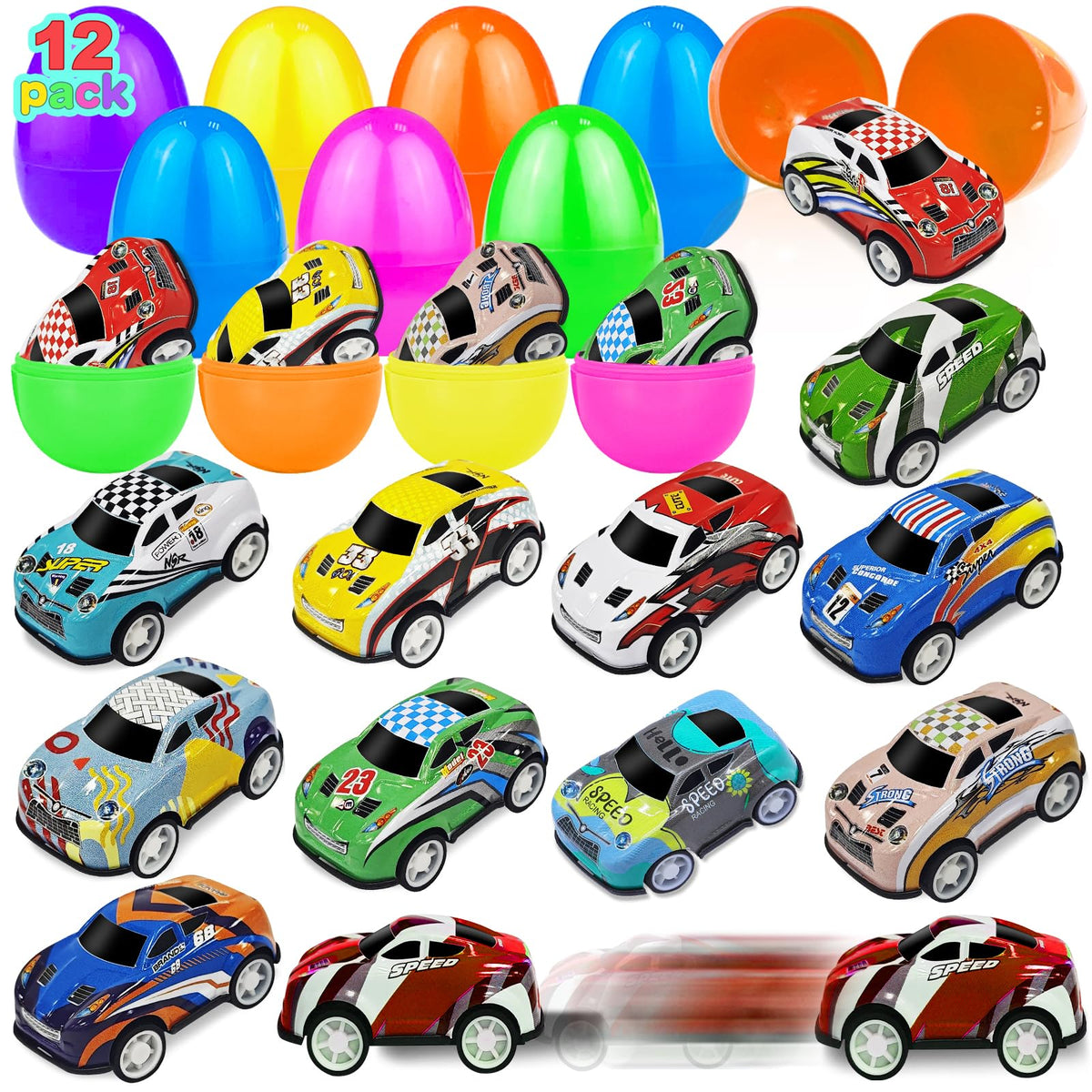 AMENON Easter eggs with pull back cars 12 pack colorful eggs and cars