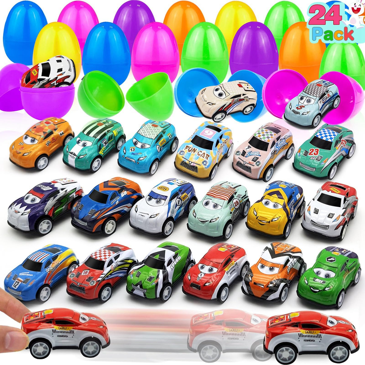 AMENON 24 pack prefilled Easter eggs with pull back cars