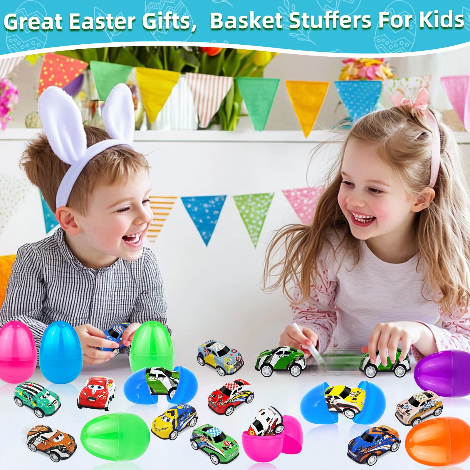 Durable plastic Easter eggs and pull back cars for kids